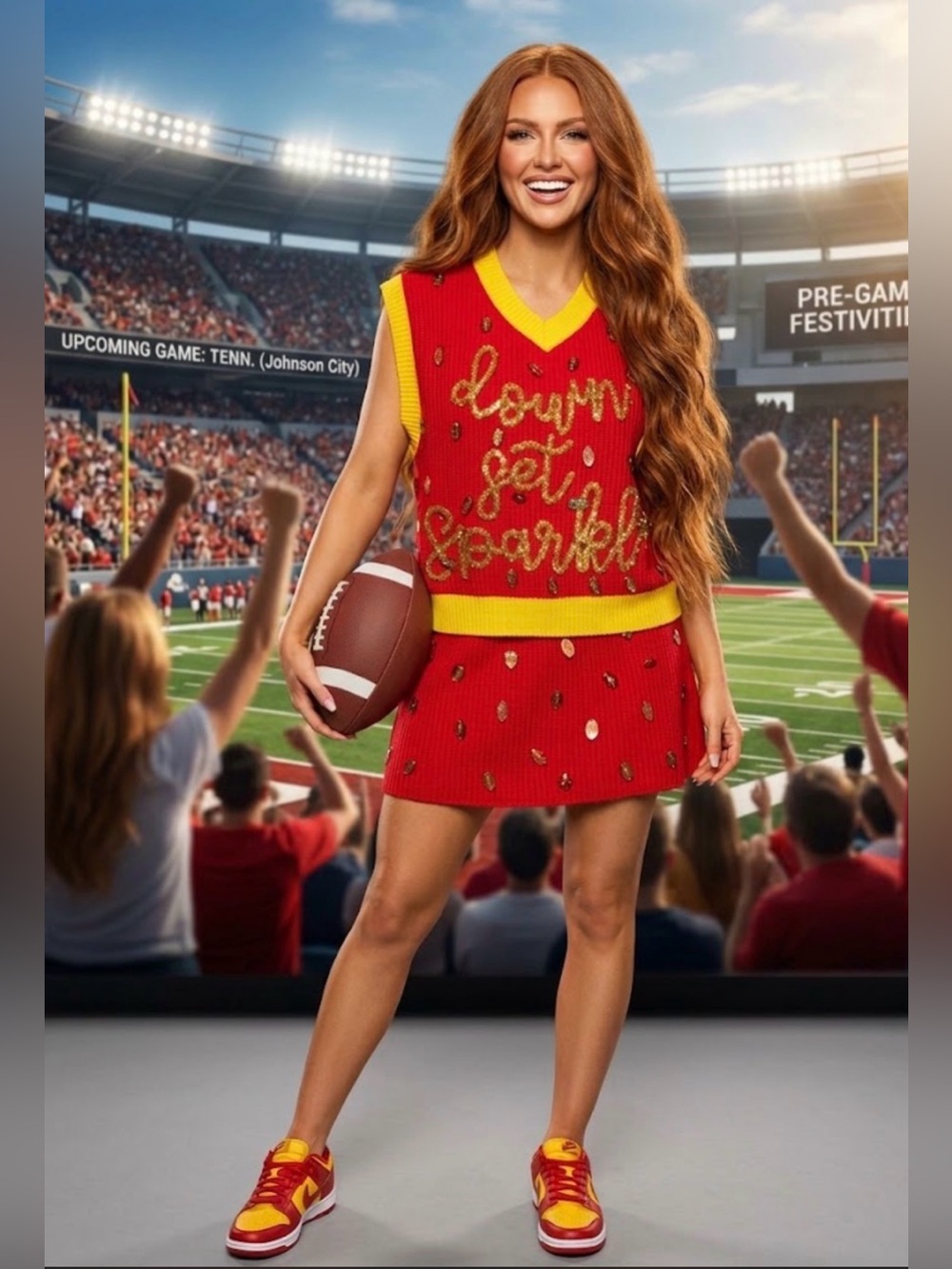 New! QUEEN OF SPARKLES Red & Yellow Knit Football Script Skirt Set